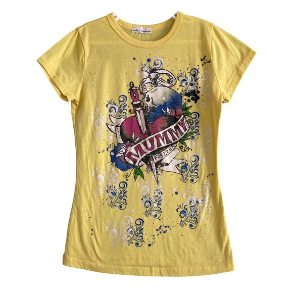 Urban Behavior Top Yellow SS Mummy Forever T Shirt Graphic Tee Skull Dagger Girl - Picture 2 of 5
